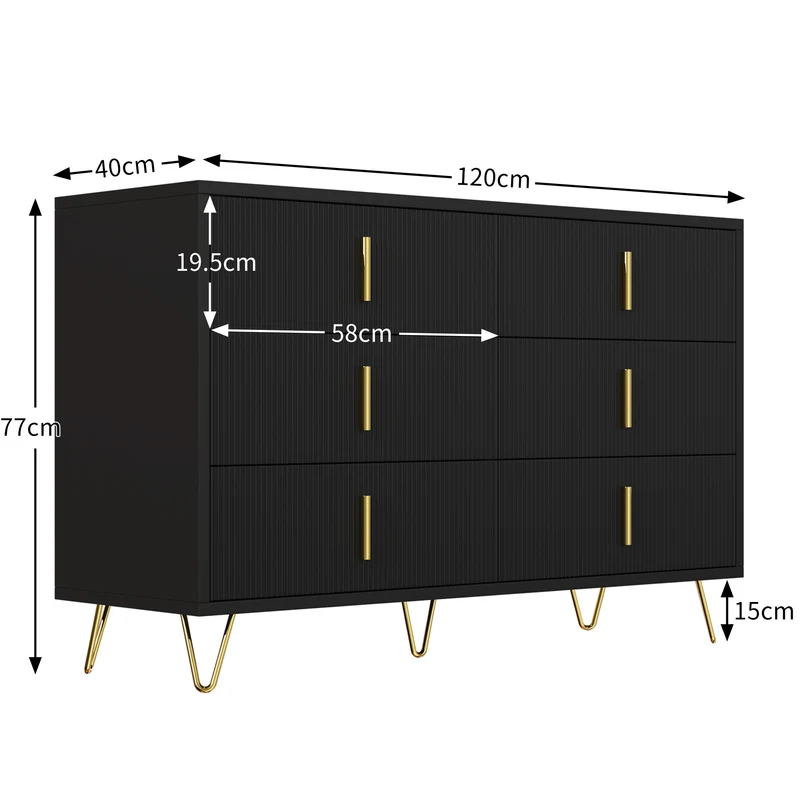 Buffet moderne noir orné de rayures élégantes 6 tiroirs poignées dorés 120x40x77cm THRAAVRAX
