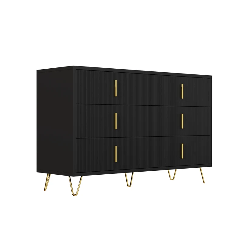 Buffet moderne noir orné de rayures élégantes 6 tiroirs poignées dorés 120x40x77cm THRAAVRAX
