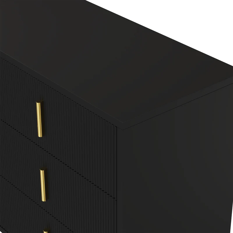 Buffet moderne noir orné de rayures élégantes 6 tiroirs poignées dorés 120x40x77cm THRAAVRAX