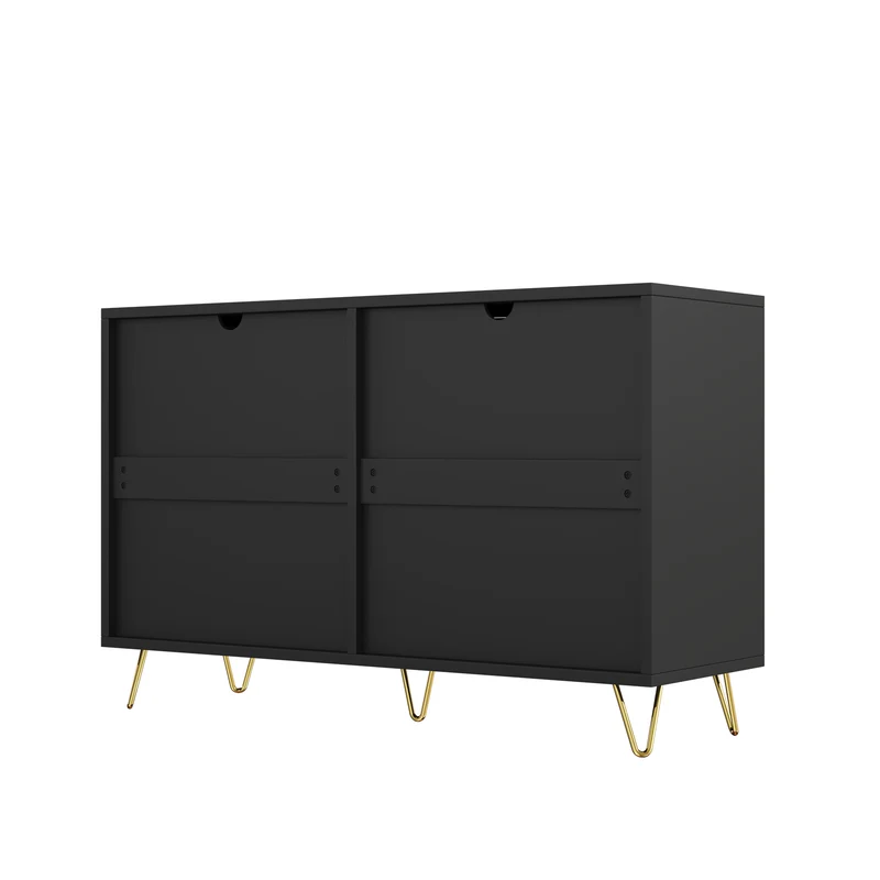 Buffet moderne noir orné de rayures élégantes 6 tiroirs poignées dorés 120x40x77cm THRAAVRAX