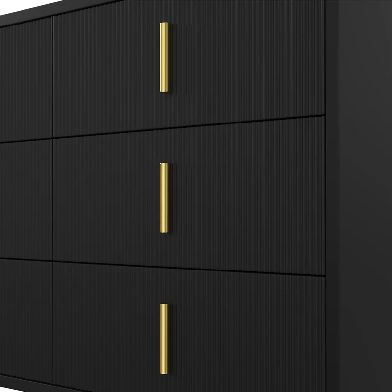 Buffet moderne noir orné de rayures élégantes 6 tiroirs poignées dorés 120x40x77cm THRAAVRAX