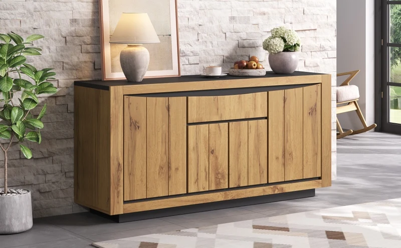 Buffet effet bois et noir 4 portes 1 tiroir 140x38,5x52cm ELEMENTLA