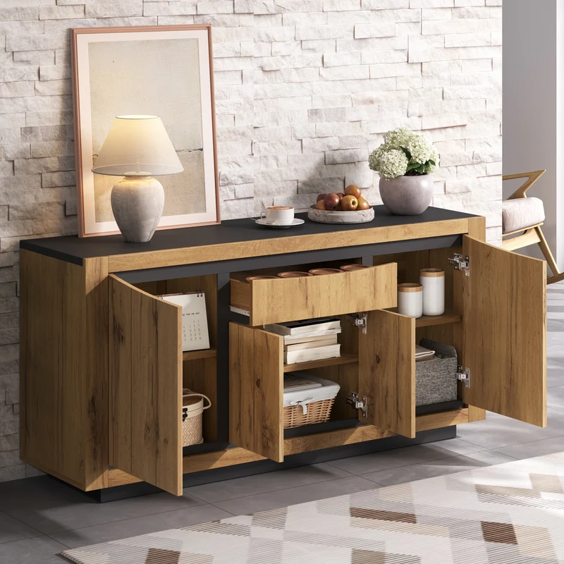 Buffet effet bois et noir 4 portes 1 tiroir 140x38,5x52cm ELEMENTLA