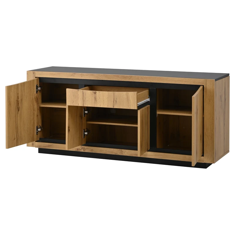 Buffet effet bois et noir 4 portes 1 tiroir 140x38,5x52cm ELEMENTLA
