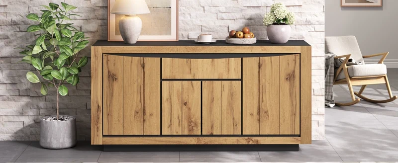 Buffet effet bois et noir 4 portes 1 tiroir 140x38,5x52cm ELEMENTLA