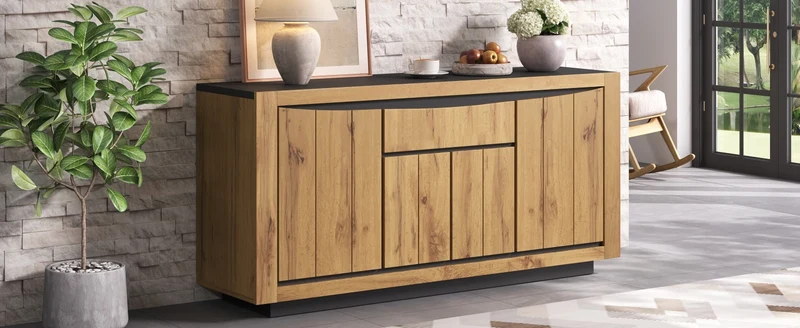Buffet effet bois et noir 4 portes 1 tiroir 140x38,5x52cm ELEMENTLA