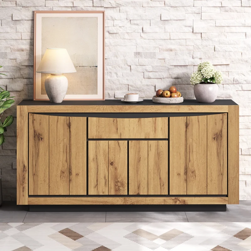 Buffet effet bois et noir 4 portes 1 tiroir 140x38,5x52cm ELEMENTLA