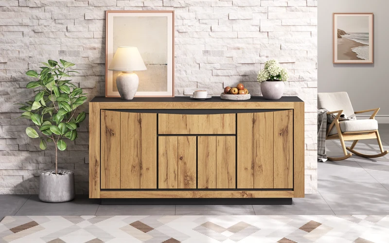 Buffet effet bois et noir 4 portes 1 tiroir 140x38,5x52cm ELEMENTLA