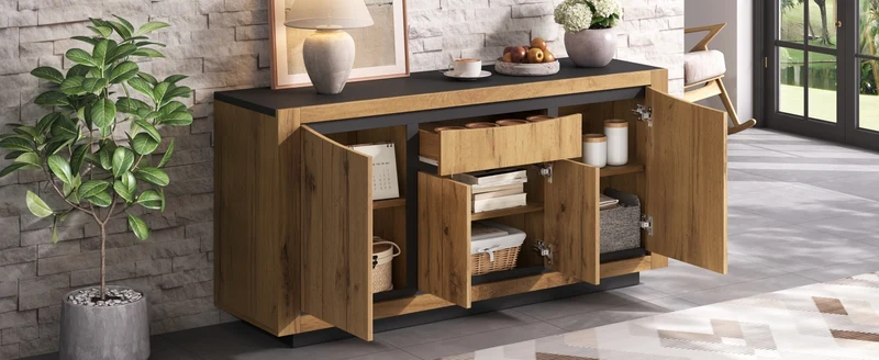 Buffet effet bois et noir 4 portes 1 tiroir 140x38,5x52cm ELEMENTLA