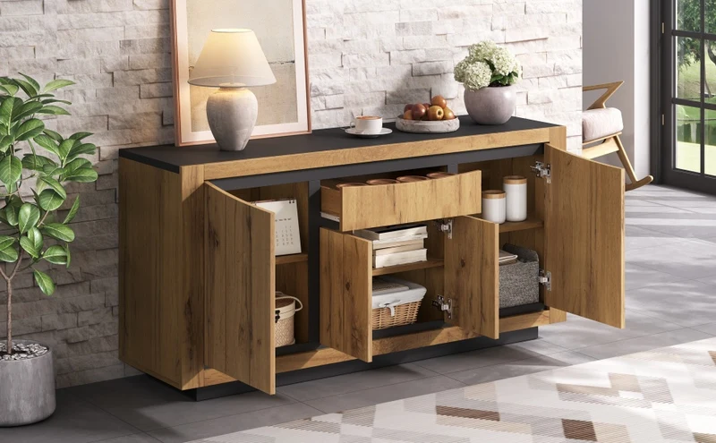 Buffet effet bois et noir 4 portes 1 tiroir 140x38,5x52cm ELEMENTLA