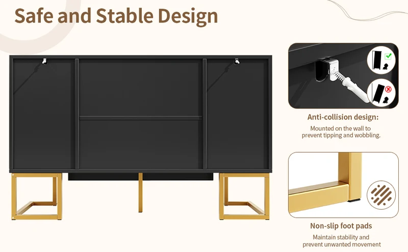 Buffet chic noir 4 portes avec motifs géométriques et détails dorés 140x40x80cm AURORALON