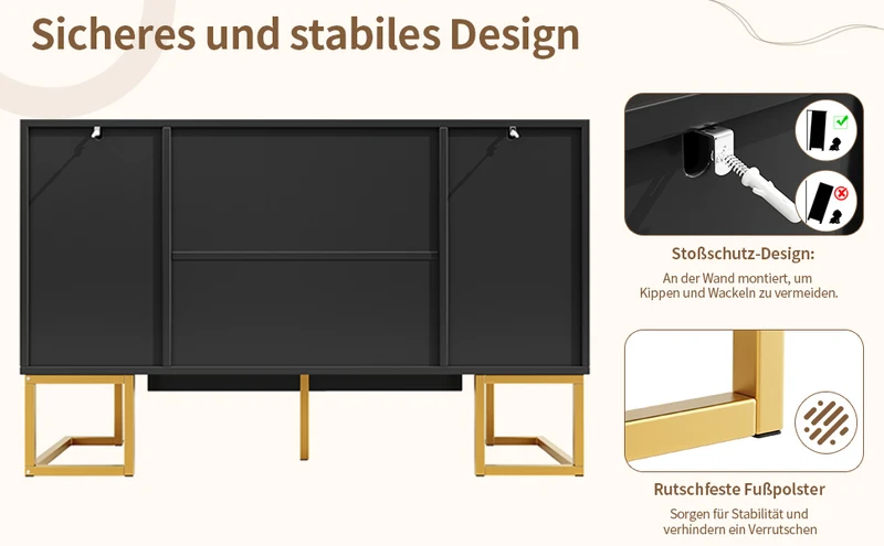 Buffet chic noir 4 portes avec motifs géométriques et détails dorés 140x40x80cm AURORALON