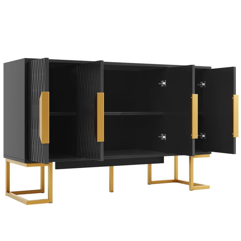 Buffet chic noir 4 portes avec motifs géométriques et détails dorés 140x40x80cm AURORALON