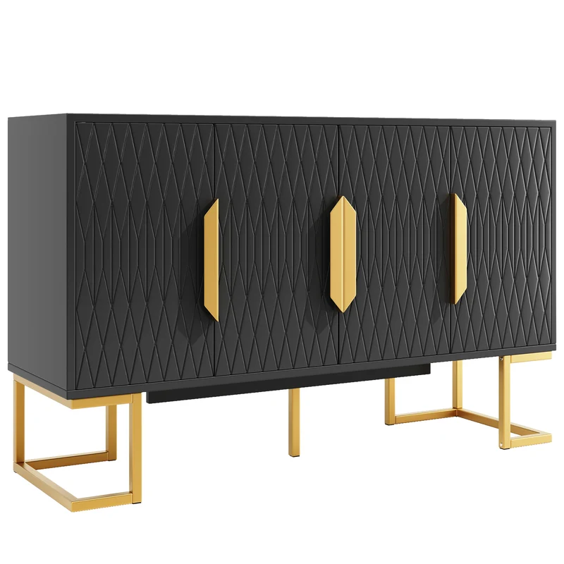 Buffet chic noir 4 portes avec motifs géométriques et détails dorés 140x40x80cm AURORALON