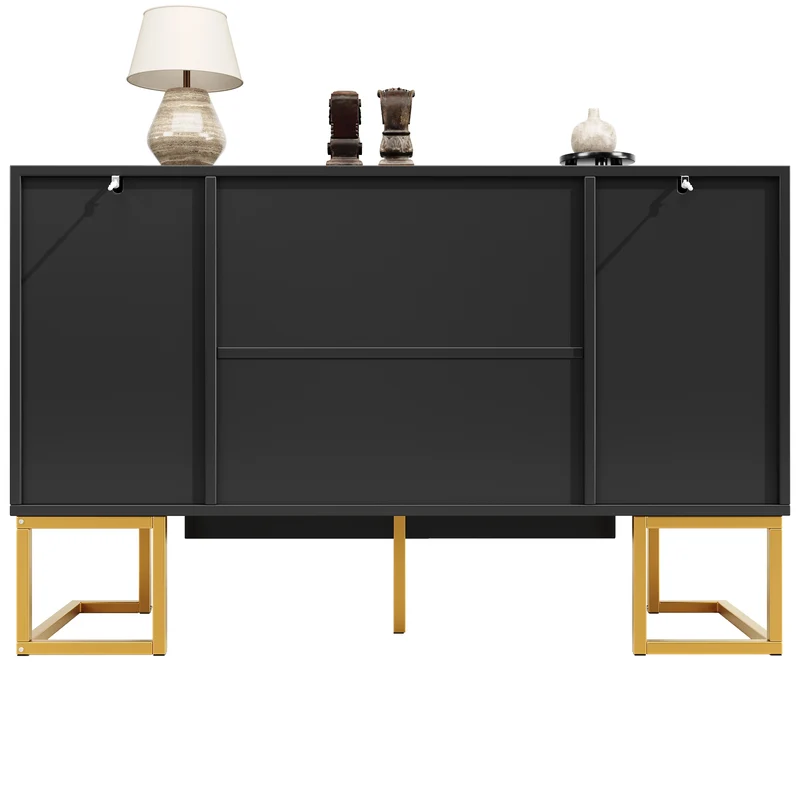 Buffet chic noir 4 portes avec motifs géométriques et détails dorés 140x40x80cm AURORALON