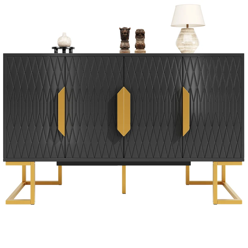 Buffet chic noir 4 portes avec motifs géométriques et détails dorés 140x40x80cm AURORALON