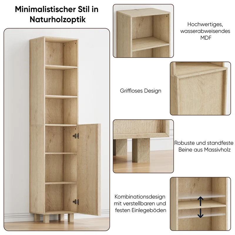 Armoire de salle de bain effet chêne rangement ouvert et porte 162,5cm VELVETSIDEBOARD