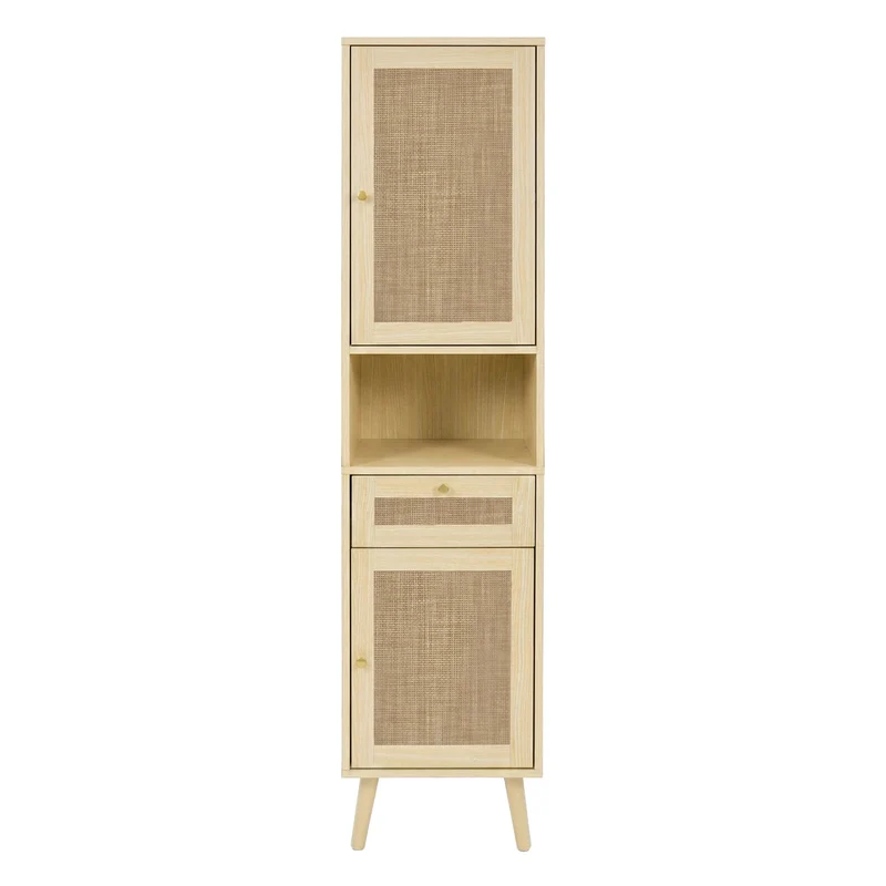 Armoire de salle de bain effet bois naturel, portes en rotin réversibles avec tiroir 166cm VINTAGEBENCHSET