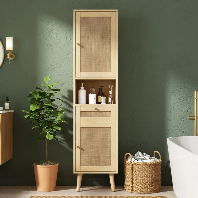 Armoire de salle de bain effet bois naturel, portes en rotin réversibles avec tiroir 166cm VINTAGEBENCHSET
