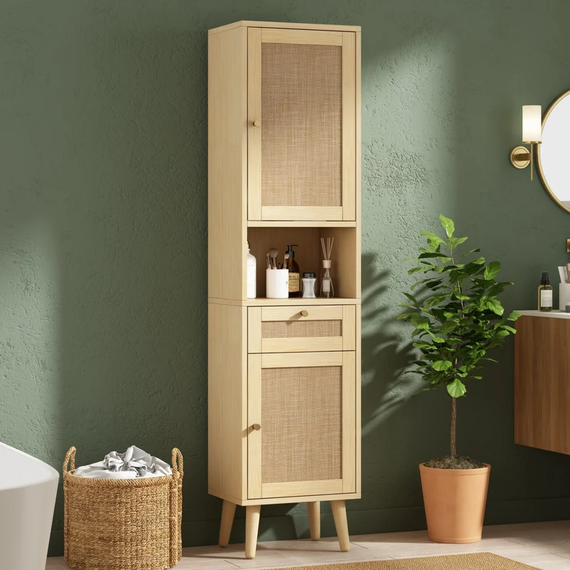 Armoire de salle de bain effet bois naturel, portes en rotin réversibles avec tiroir 166cm VINTAGEBENCHSET