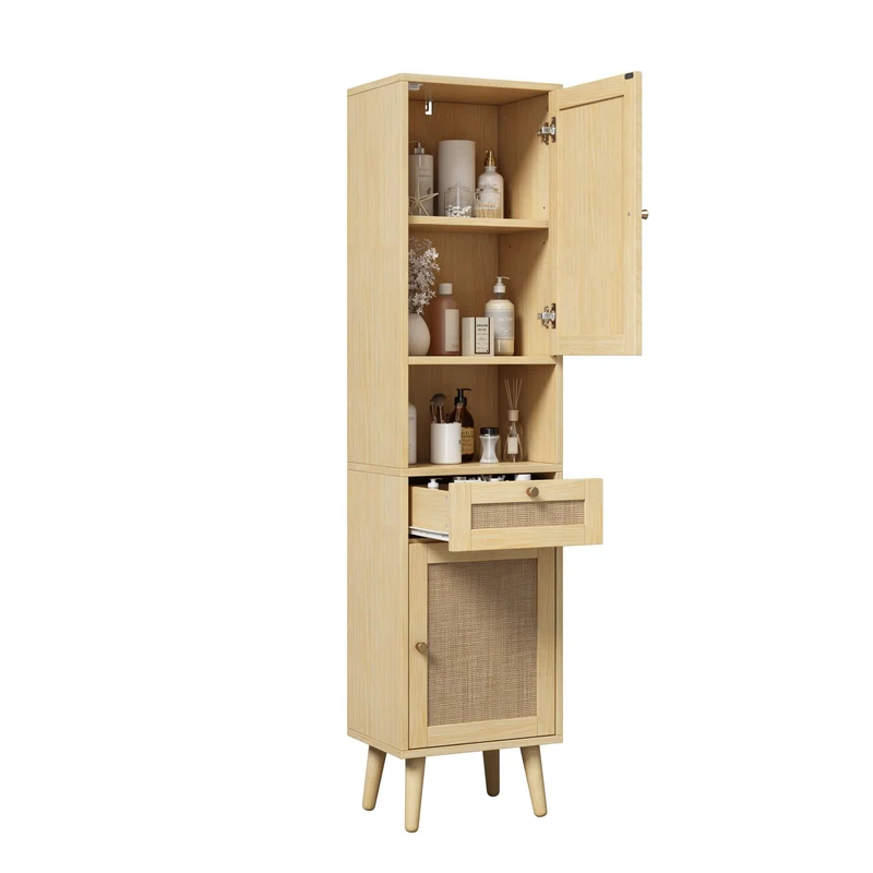 Armoire de salle de bain effet bois naturel, portes en rotin réversibles avec tiroir 166cm VINTAGEBENCHSET