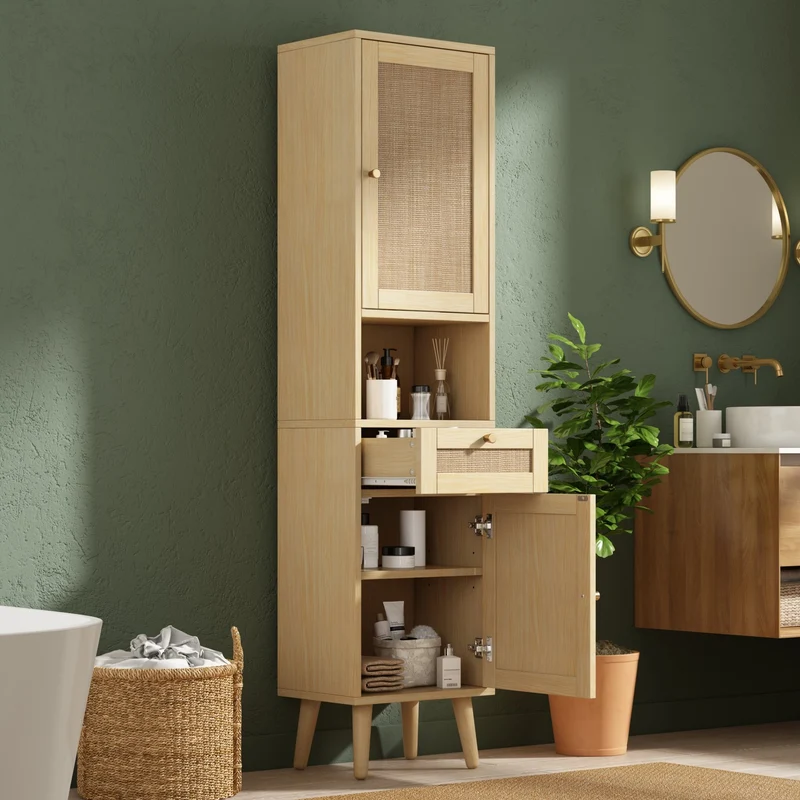 Armoire de salle de bain effet bois naturel, portes en rotin réversibles avec tiroir 166cm VINTAGEBENCHSET