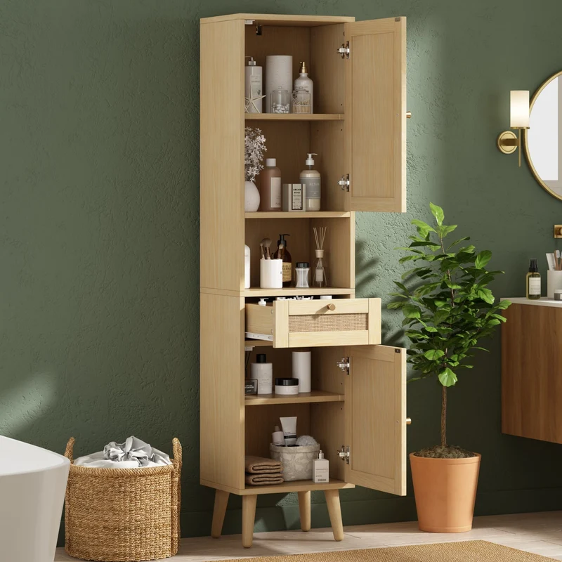 Armoire de salle de bain effet bois naturel, portes en rotin réversibles avec tiroir 166cm VINTAGEBENCHSET