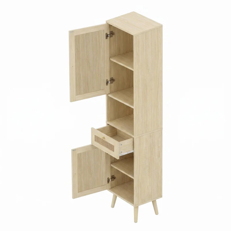Armoire de salle de bain effet bois naturel, portes en rotin réversibles avec tiroir 166cm VINTAGEBENCHSET
