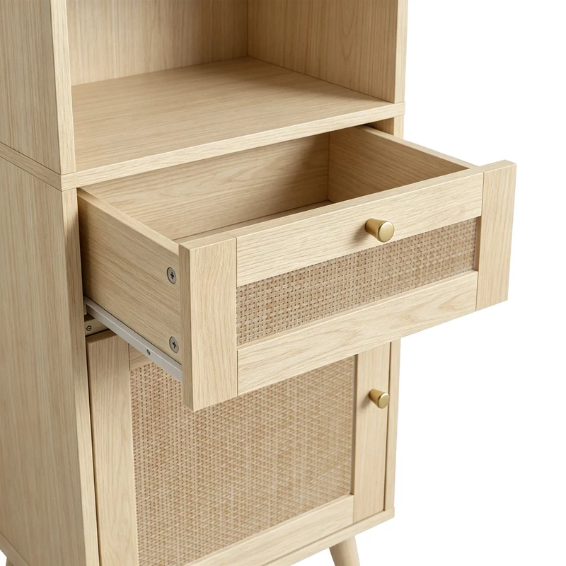 Armoire de salle de bain effet bois naturel, portes en rotin réversibles avec tiroir 166cm VINTAGEBENCHSET