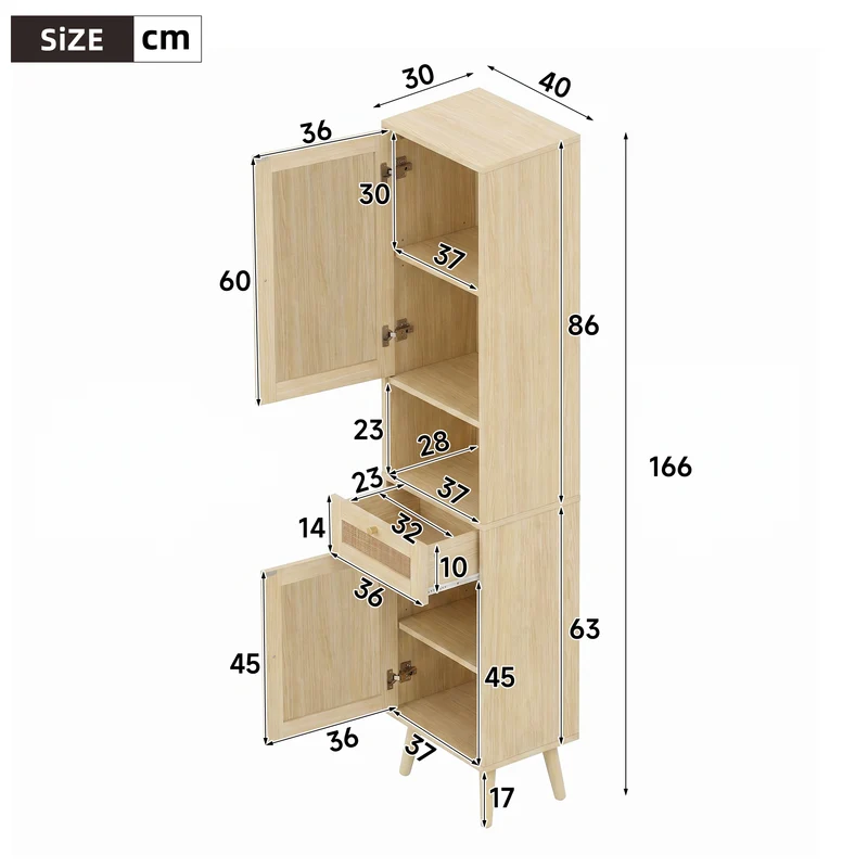 Armoire de salle de bain effet bois naturel, portes en rotin réversibles avec tiroir 166cm VINTAGEBENCHSET