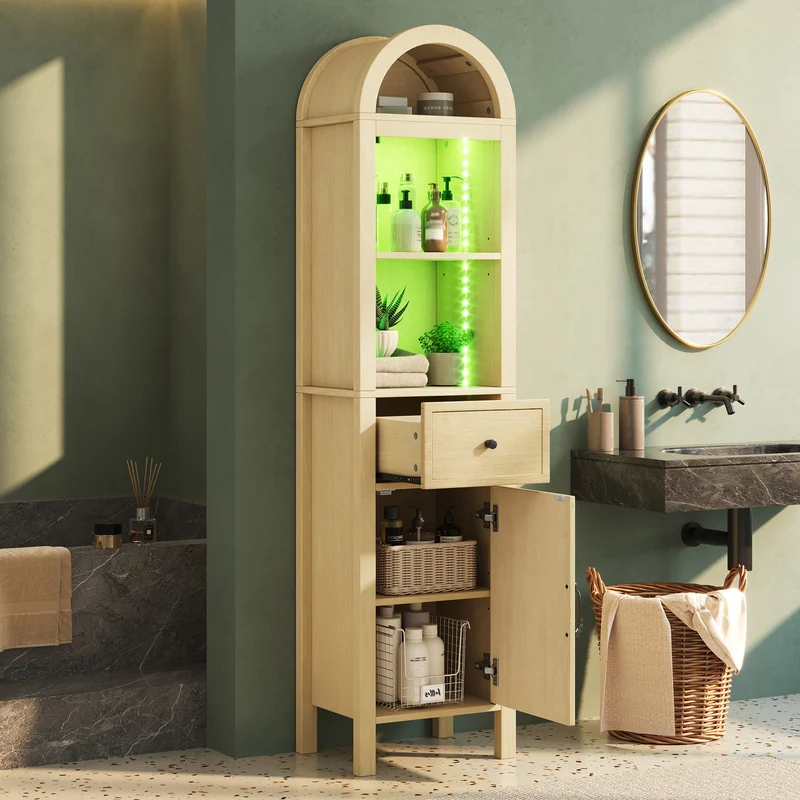 Armoire de salle de bain haute effet bois naturel, porte réversible avec LED 163cm VINTAGEBARSET