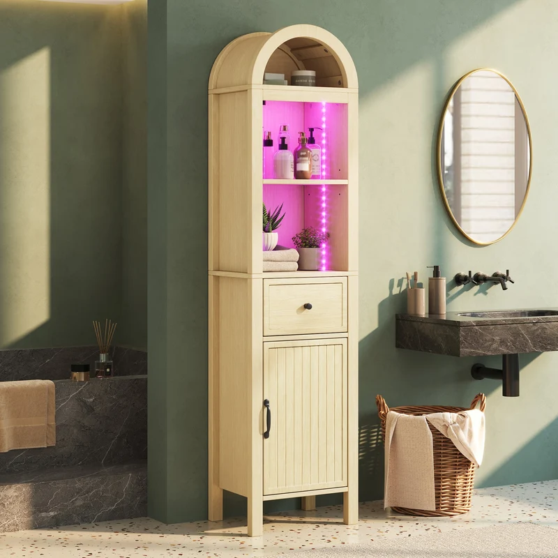 Armoire de salle de bain haute effet bois naturel, porte réversible avec LED 163cm VINTAGEBARSET