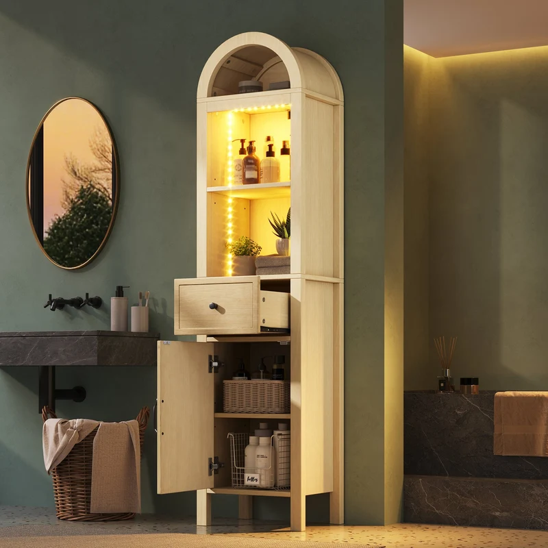 Armoire de salle de bain haute effet bois naturel, porte réversible avec LED 163cm VINTAGEBARSET