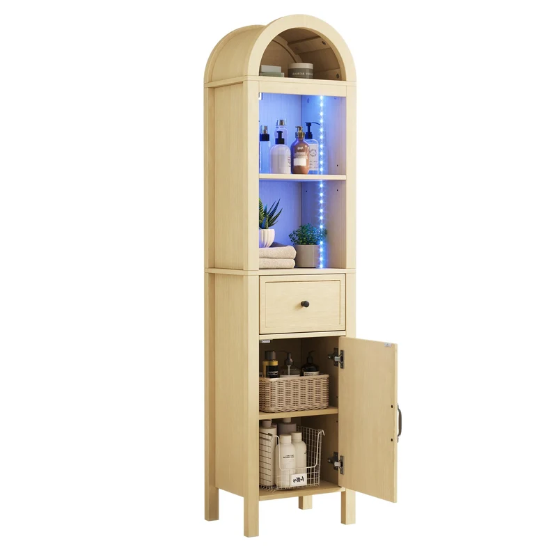 Armoire de salle de bain haute effet bois naturel, porte réversible avec LED 163cm VINTAGEBARSET