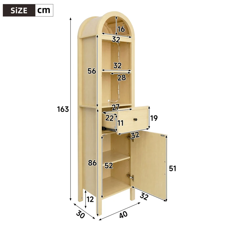 Armoire de salle de bain haute effet bois naturel, porte réversible avec LED 163cm VINTAGEBARSET