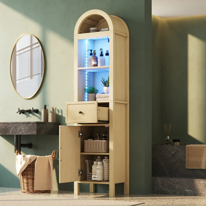 Armoire de salle de bain haute effet bois naturel, porte réversible avec LED 163cm VINTAGEBARSET