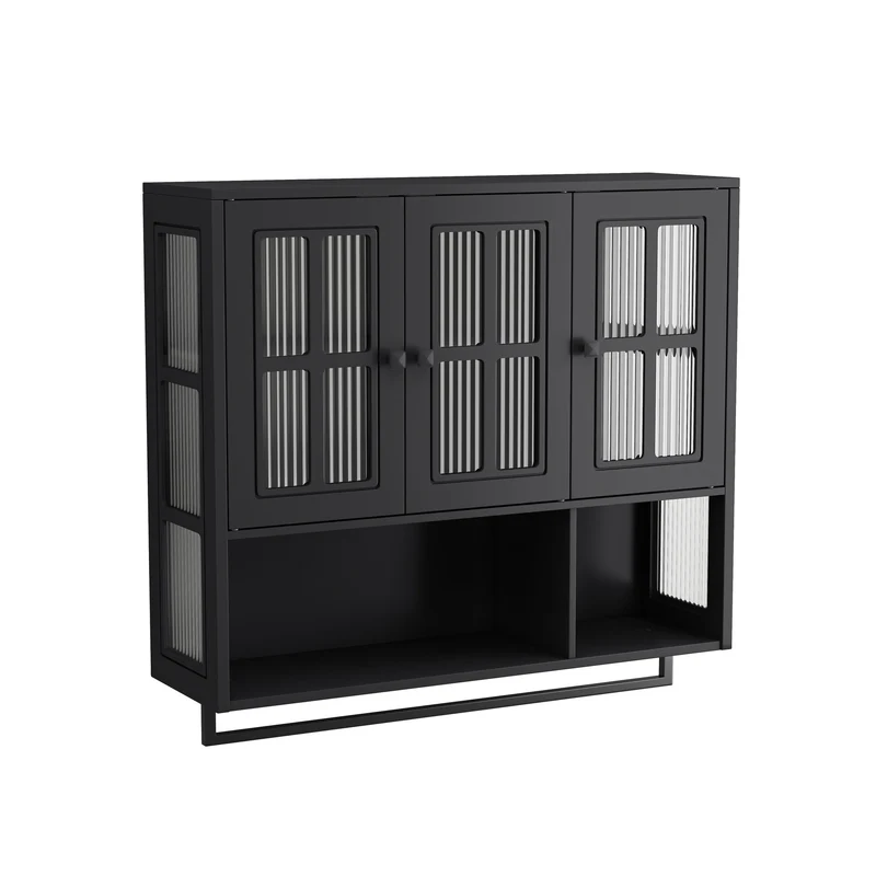 Armoires de toilette noire et verre, 3 portes avec barre à serviettes 88x26x82,5cm VINTAGECHEST