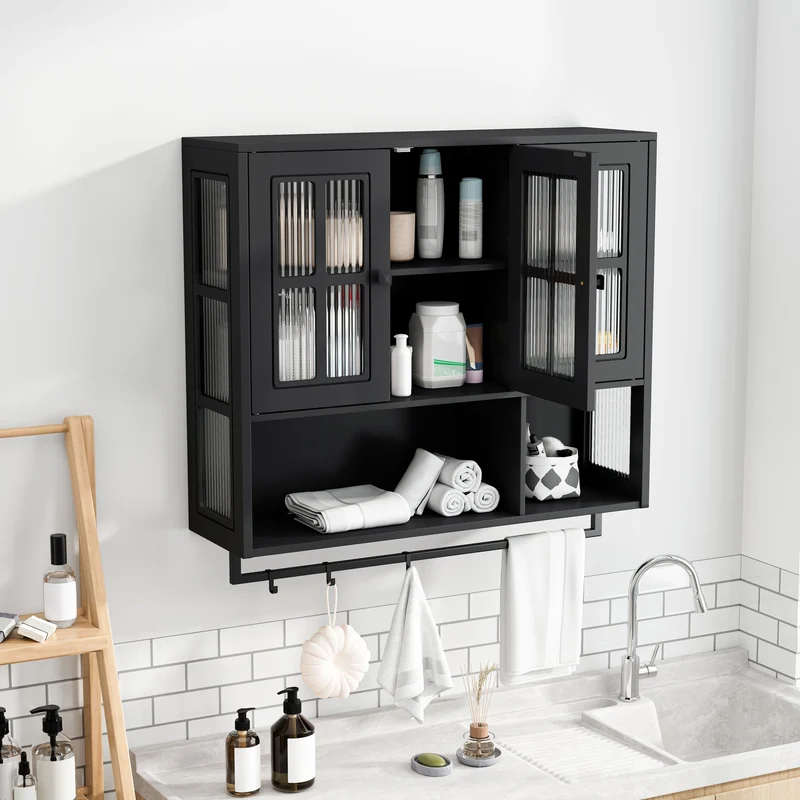Armoires de toilette noire et verre, 3 portes avec barre à serviettes 88x26x82,5cm VINTAGECHEST