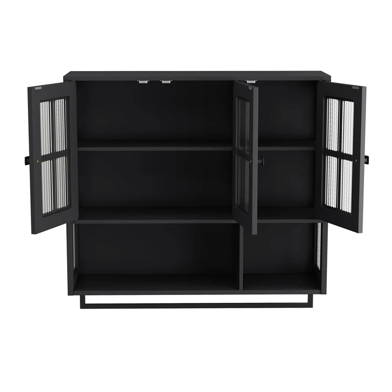 Armoires de toilette noire et verre, 3 portes avec barre à serviettes 88x26x82,5cm VINTAGECHEST