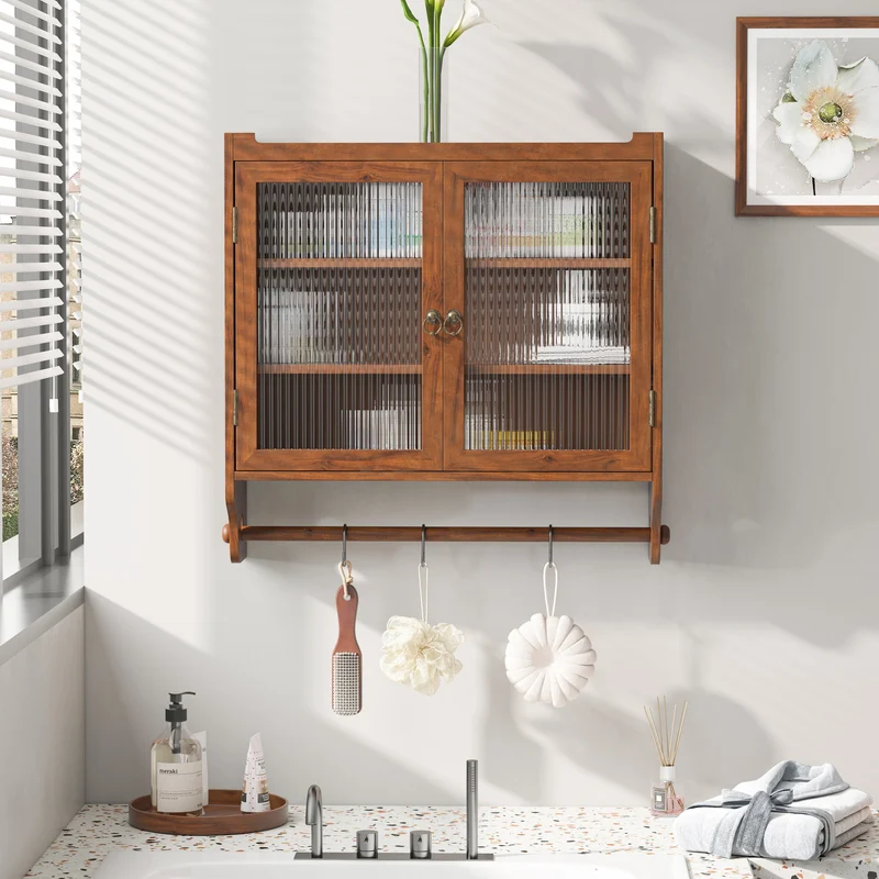 Armoire de toilette bois massif et en verre double portes avec porte-serviettes VINTAGEBARART