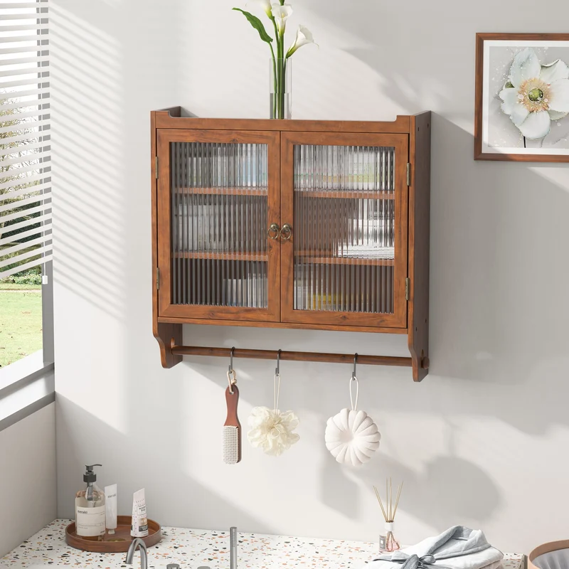 Armoire de toilette bois massif et en verre double portes avec porte-serviettes VINTAGEBARART
