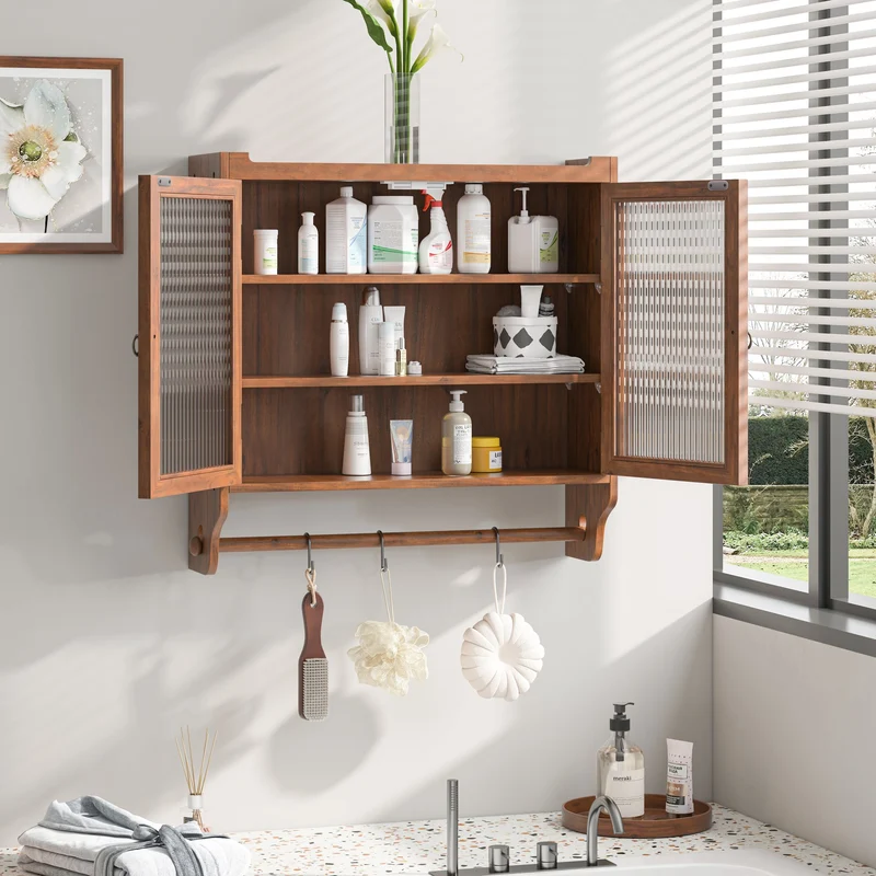 Armoire de toilette bois massif et en verre double portes avec porte-serviettes VINTAGEBARART
