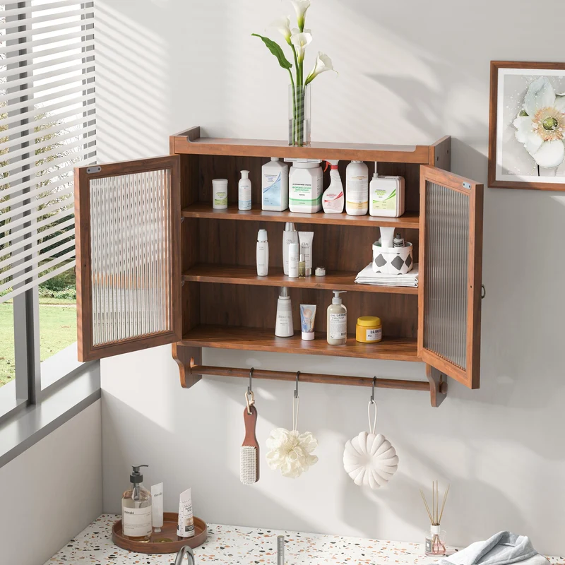 Armoire de toilette bois massif et en verre double portes avec porte-serviettes VINTAGEBARART