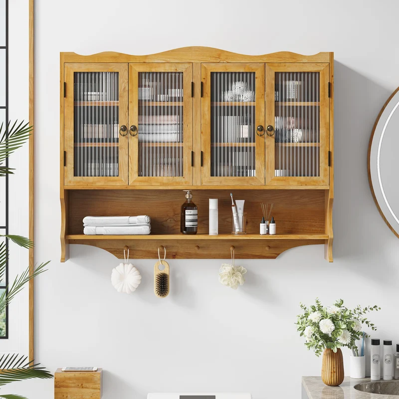 Armoires de toilette bois massif et en verre 4 portes et crochets 100x20x80cm VINTAGECABINETHOME