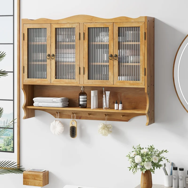 Armoires de toilette bois massif et en verre 4 portes et crochets 100x20x80cm VINTAGECABINETHOME