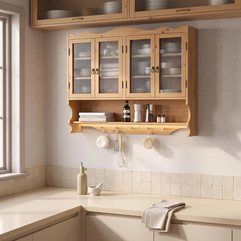 Armoires de toilette bois massif et en verre 4 portes et crochets 100x20x80cm VINTAGECABINETHOME