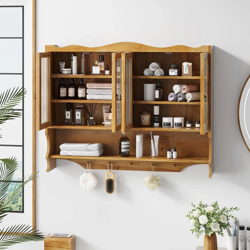 Armoires de toilette bois massif et en verre 4 portes et crochets 100x20x80cm VINTAGECABINETHOME