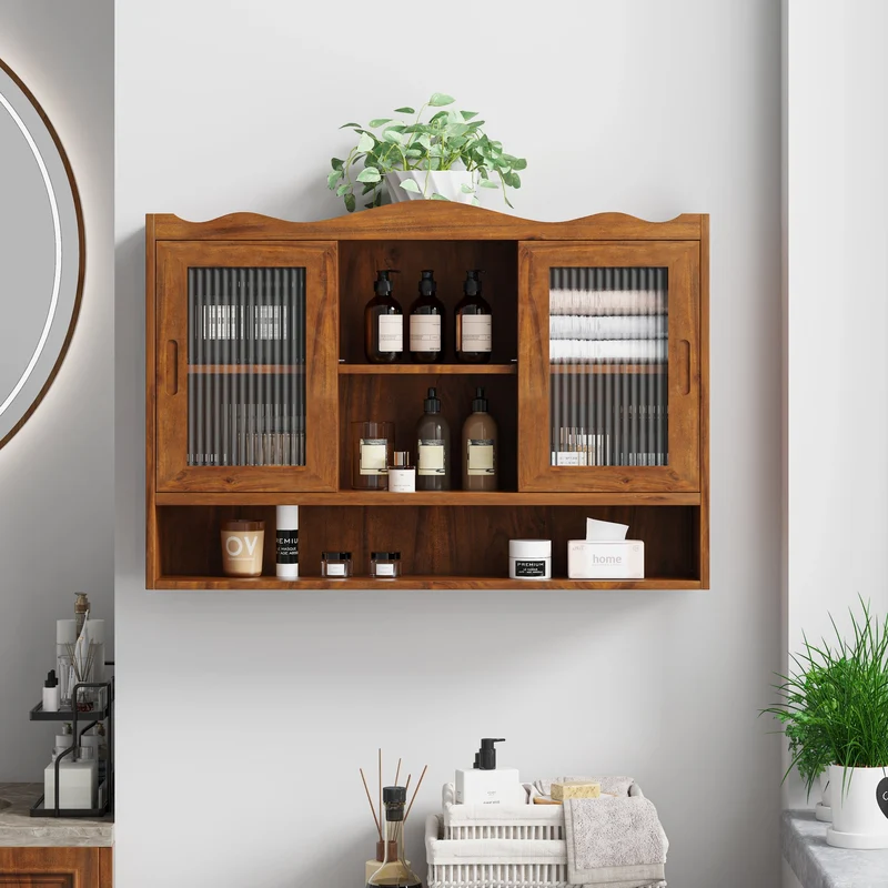 Armoires de toilette bois massif et en verre 2 coulissantes 90x20x60cm VINTAGEBRASSPRO