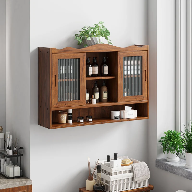 Armoires de toilette bois massif et en verre 2 coulissantes 90x20x60cm VINTAGEBRASSPRO
