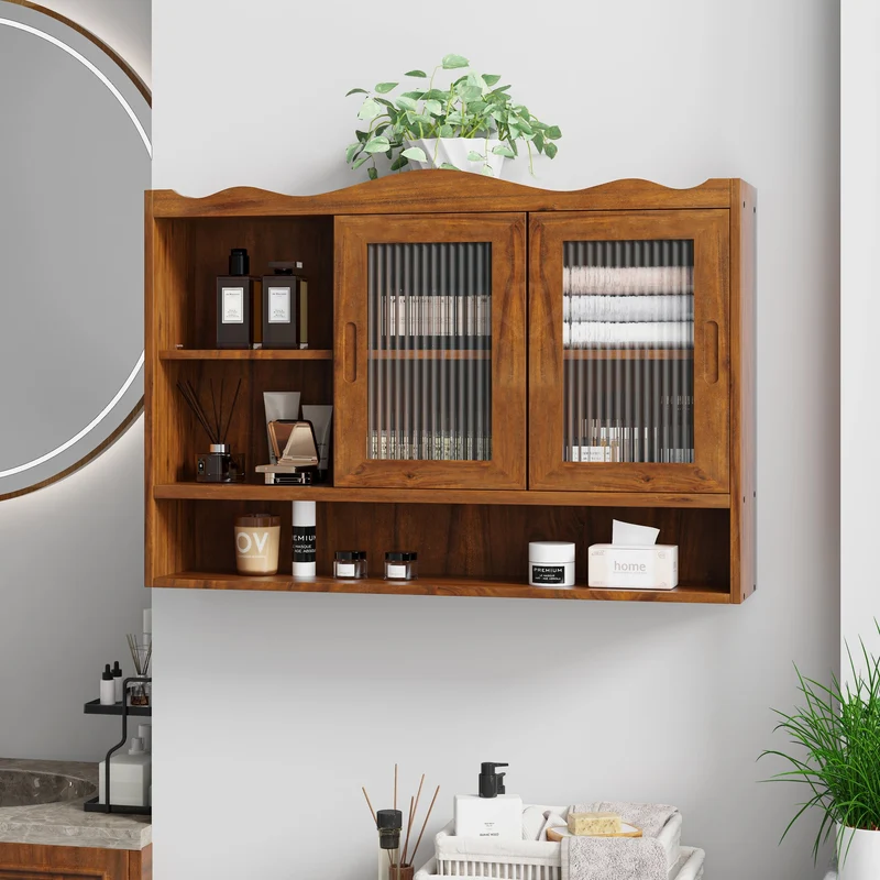 Armoires de toilette bois massif et en verre 2 coulissantes 90x20x60cm VINTAGEBRASSPRO